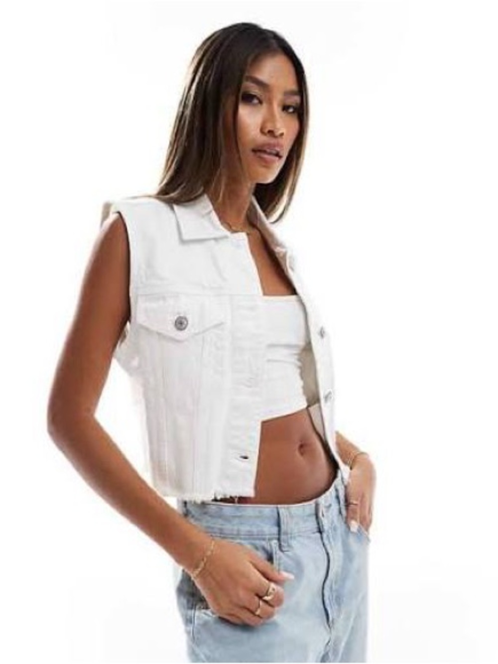 Abercrombie & Fitch White Cropped Sleeveless Denim Vest